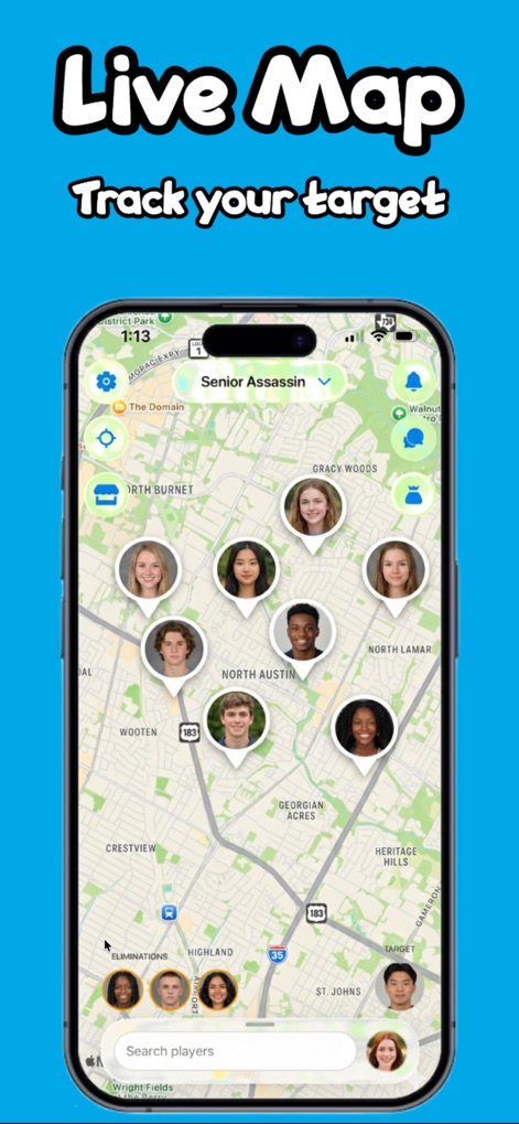 Senior Assassin - The app's live GPS map is central to gameplay, allowing users to precisely track their target and strategize around visible player avatars and power-up icons.