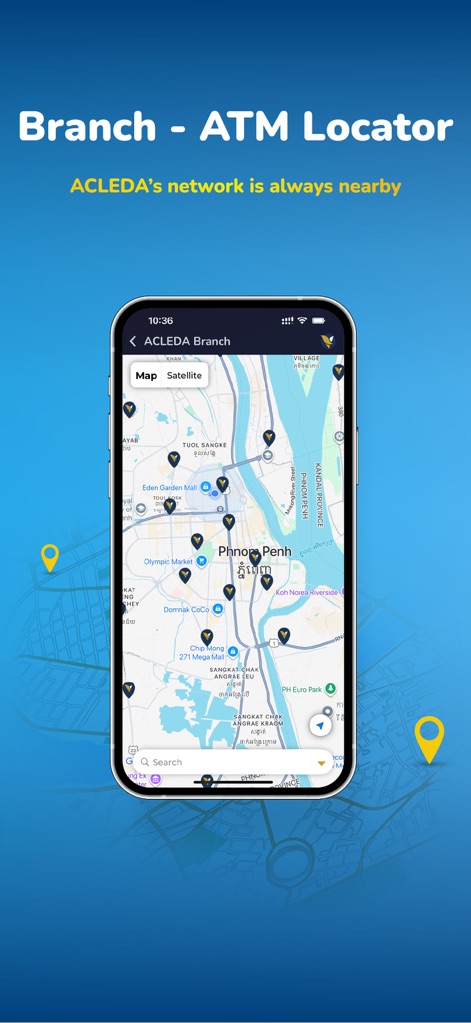 ACLEDA mobile - Visualize the practical branch and ATM locator, displaying geographical pins for ACLEDA's network and a search function for easy navigation.