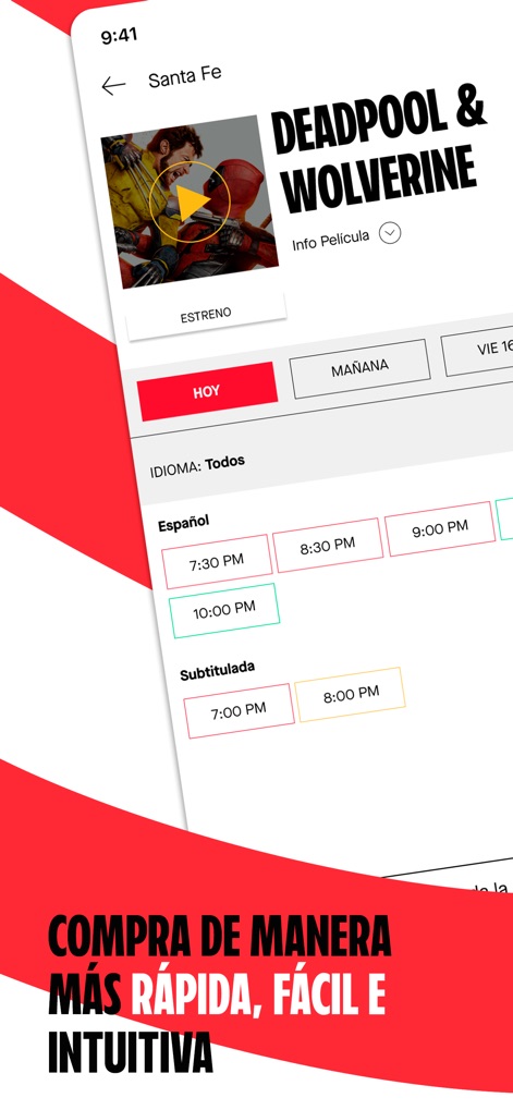 Cinemex - Los usuarios pueden explorar fácilmente las opciones de idioma y los horarios disponibles para cada función, eligiendo su preferencia.
