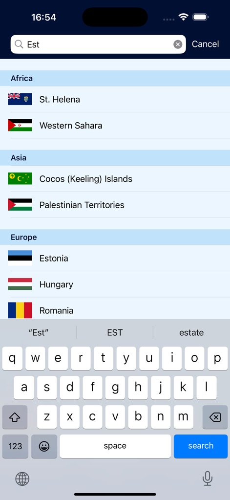 FlagDict: World Flags - Users can quickly find specific countries using the intuitive search bar, which filters results by continent for enhanced discoverability.