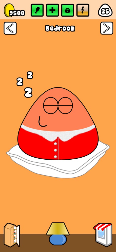 Pou - See Pou's cozy bedroom, showcasing the sleeping pet on a pillow and a stylish red outfit, highlighting relaxation and customization options through the wardrobe.