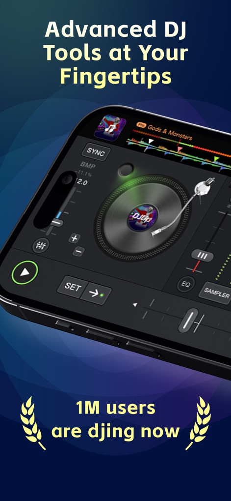 DMixer : Your Pocket DJ Studio - See how the app provides an intuitive virtual turntable and a clear BPM display for precise track synchronization.