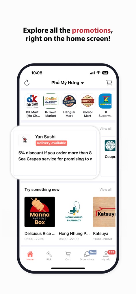 DELIVERY K - The app prominently displays a promotions section with exclusive offers and lists various popular stores, making it easy to find discounts and new dining options.