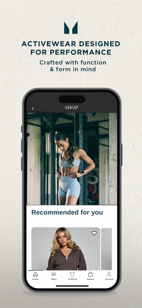 Myprotein: Fitness & Nutrition - The app showcases its performance activewear range, designed with function and form in mind, featuring model imagery and personalized "Recommended for you" sections.