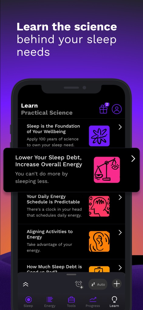 RISE: Sleep Tracker - Explore a rich 'Learn' section, offering insights like how to 'Lower Your Sleep Debt' and understanding that 'Your Daily Energy Schedule Is Predictable'.
