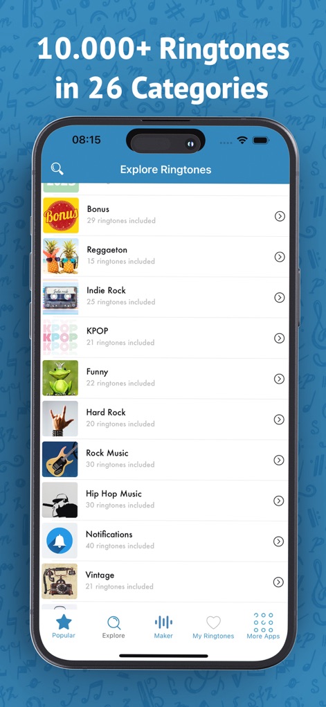 Best Ringtones 2026 for iPhone - Die App präsentiert eine umfangreiche Kategorieübersicht, die es Nutzern ermöglicht, durch eine Vielzahl von Genres wie KPOP und Reggaeton zu navigieren und dabei die Anzahl der verfügbaren Klingeltöne pro Kategorie sofort zu erkennen.