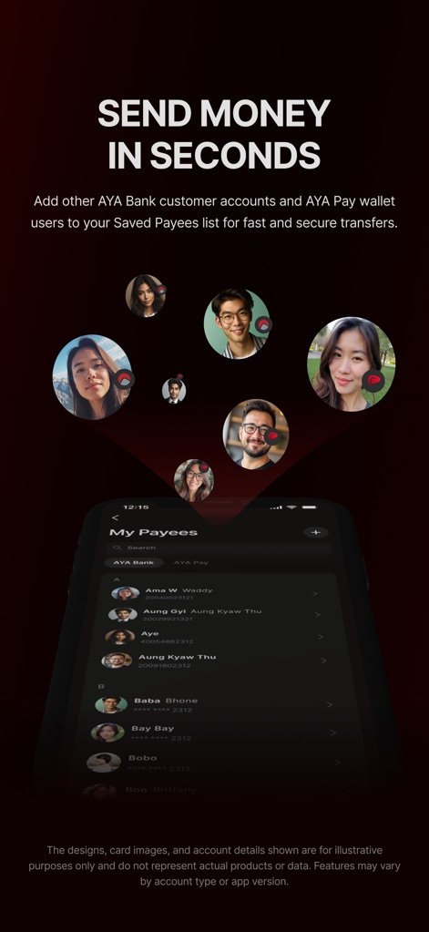 AYA Mobile Banking - Nutzer können ihre 'My Payees'-Liste effizient verwalten, welche eine übersichtliche Darstellung von Kontakten mit ihren Profilbildern zeigt, und die integrierte Suchfunktion am oberen Rand nutzen, um Empfänger schnell zu finden.