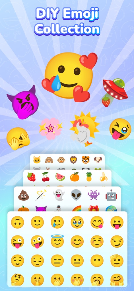 Emoji Kitchen - Emoji Mix - 「DIY Emoji Collection」として提示されたこの画面では、ユーザーが作成した多様な組み合わせ絵文字と、新しい絵文字の創造を可能にする豊富なカテゴリのベース絵文字リストが視覚的に紹介されています。
