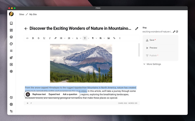 PRSS Site Creator app screenshot