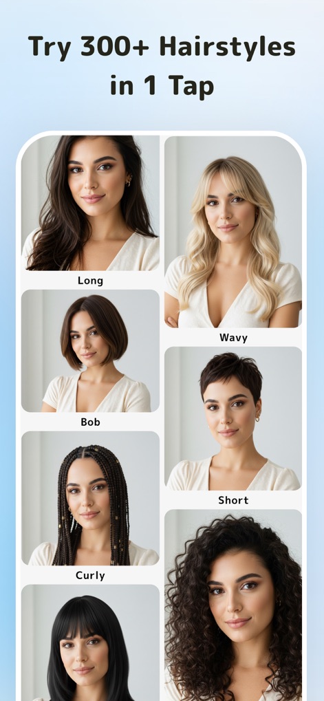 HairTry: Haircut Simulator - Découvrez comment l'application offre une vaste gamme de styles, de la coupe Longue classique aux Boucles Audacieuses, permettant aux utilisateurs d'explorer une multitude d'options.