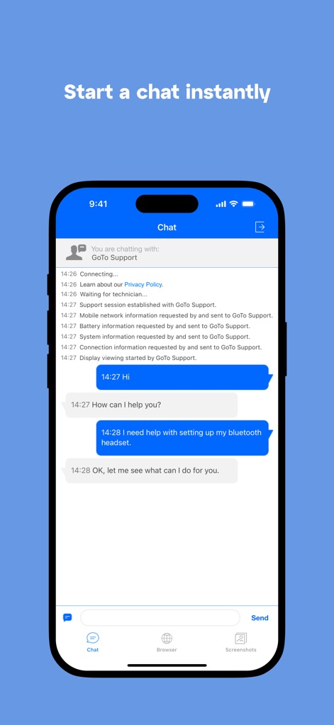 LogMeIn Rescue Customer - Observe the real-time chat interface with distinct chat bubbles for user and technician messages, and the intuitive 'Chat' input field for instant communication.
