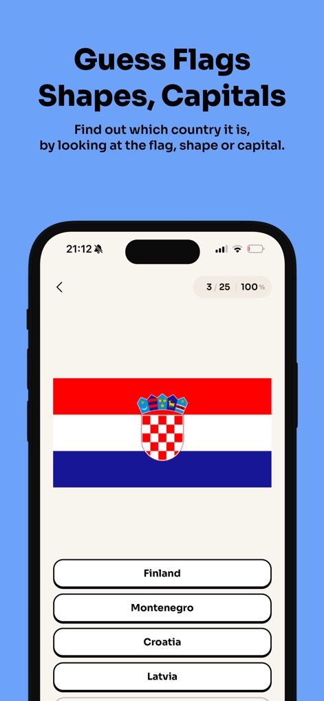 Geotrivia: Geography Games - Dieser Screenshot zeigt einen Flaggen-Quiz, bei dem die kroatische Flagge prominent abgebildet ist und den Nutzern Multiple-Choice-Optionen zur Identifizierung des Landes wie "Finland" und "Croatia" zur Verfügung stehen.