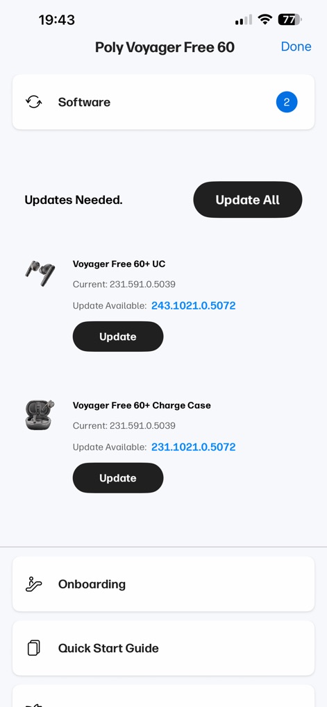 HP Poly Studio Mobile - Esta vista detalla las actualizaciones de software necesarias para el dispositivo y su estuche de carga, presentando una lista detallada de componentes con actualizaciones y botones de acción individuales y masivos.