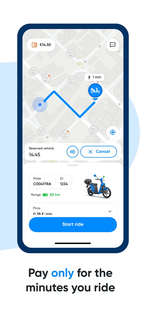 Cooltra: E-moped rentals - This screen illustrates the streamlined process from vehicle reservation with clear route guidance to initiating a ride with a simple 'Start ride' action.