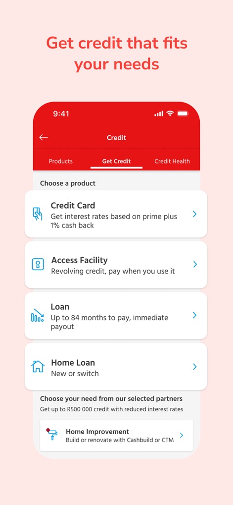 Capitec Bank - The app provides flexible credit products like loans and credit cards, alongside personalized credit estimates to suit diverse financial requirements.