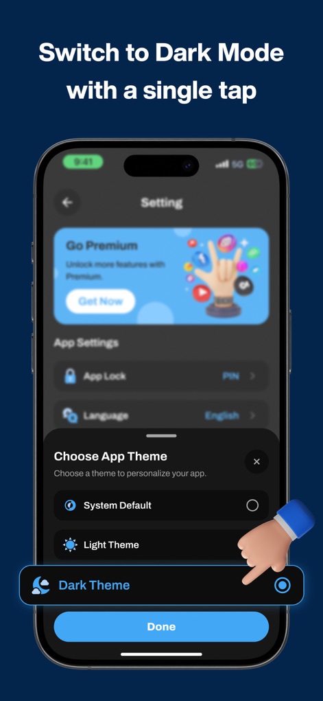 Dual Space : Parallel Accounts - The app offers a customizable user interface, presenting various theme selection options including System Default and Light Theme, with a clear graphical representation of activating 'Dark Theme'.