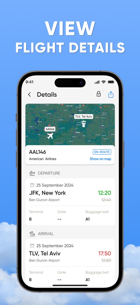 Flight Tracker: Plane Radar 24 - Los usuarios pueden acceder a información exhaustiva sobre el vuelo, incluyendo la fecha de salida (25 de septiembre de 2024) y los datos de llegada (TLV, Tel Aviv) con horas y detalles del aeropuerto.
