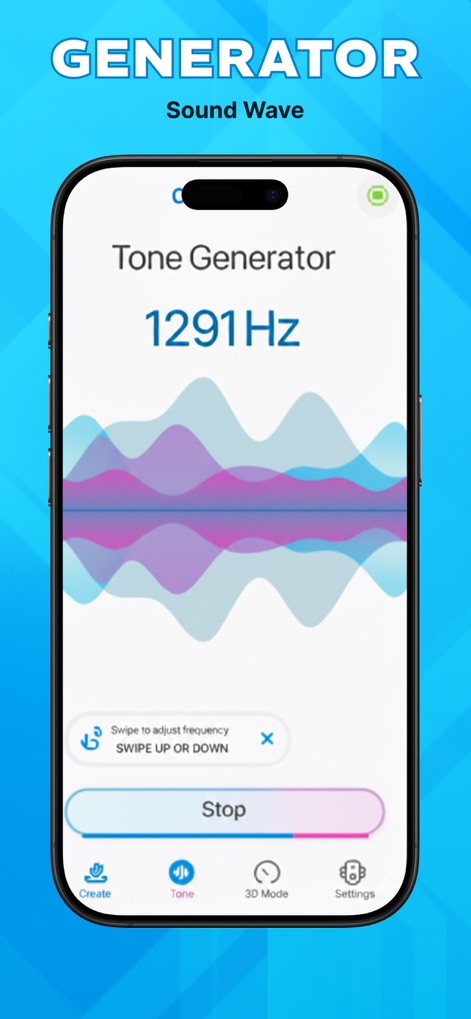 PureWave Al Care - Generate custom test tones with precise frequency adjustments at 1291 Hz, visually represented by a dynamic sound wave visualization.