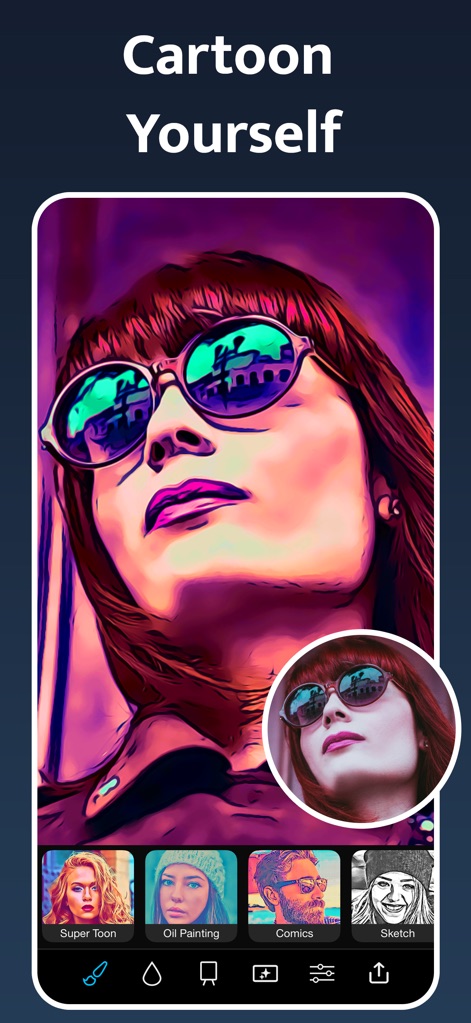 Instant Toon: Cartoon Art Cam - La aplicación convierte retratos en vibrantes obras de arte de caricatura, destacando los colores intensos y los contornos definidos. El pequeño círculo muestra la foto original para una comparación directa del estilo.