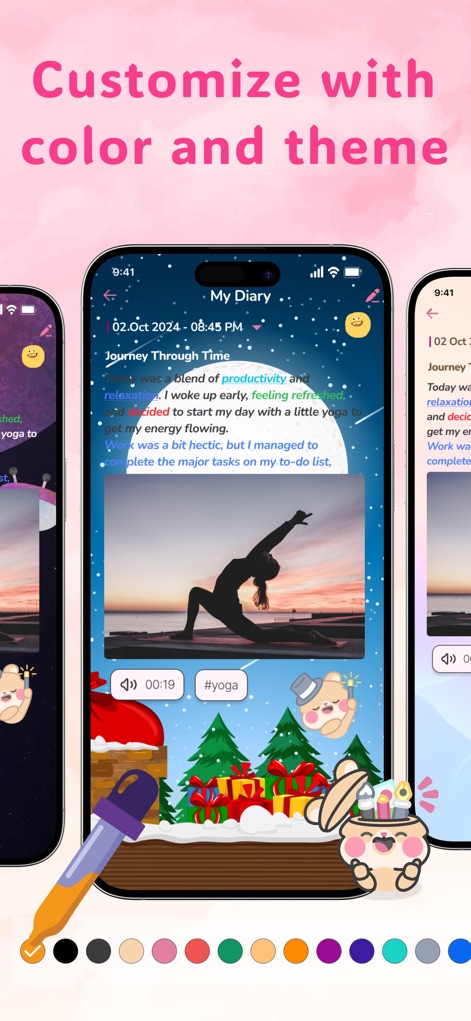 My Daily Diary - Mood Journal - This tool empowers users to personalize their journaling environment by selecting from diverse background themes and customizing text appearance with a rich color palette.