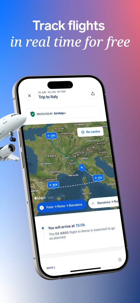AirHelp・Flight Tracker - Esta herramienta permite seguir el progreso del vuelo en un "mapa interactivo" detallado y visualizar "múltiples segmentos de ruta" con facilidad.