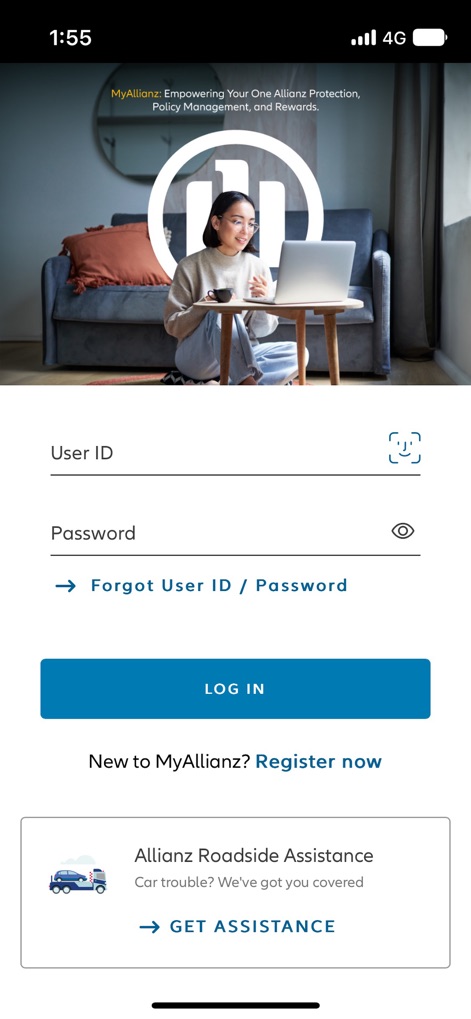 MyAllianz MY - A tela de login inicial apresenta campos para 'User ID' e 'Password', além de uma opção clara para 'Register now' para novos usuários.