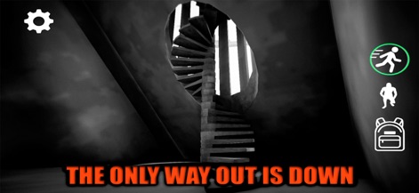 Backrooms Descent: Horror Game - Experience the chilling journey downwards, marked by the foreboding spiral staircase and the stark, unsettling black and white visual style.