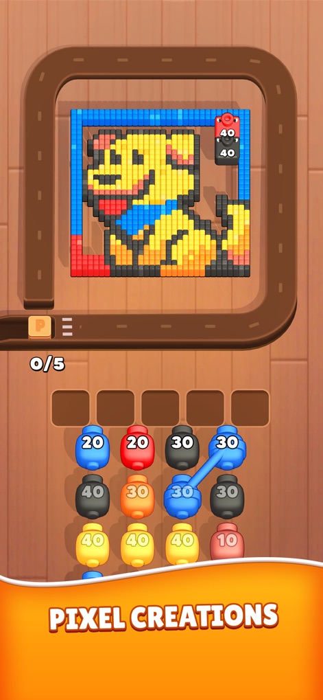 Color Blaze Shooter - The app showcases a charming pixelated character appearing on the grid and demonstrates the intuitive visual linking of spheres for strategic launches.