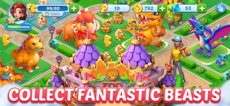 Merge Topia-Screw Jam - Questa schermata rivela l'aspetto della collezione di creature, mostrando diverse bestie fantastiche e un ambiente che richiama uno zoo, estendendo la varietà di gameplay.