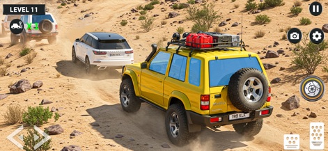 Offroad Prado Car Driving 2025 - La aplicación exhibe dos vehículos en un rastro desértico, incluyendo un SUV amarillo modificado con equipamiento adicional, destacando la personalización y el terreno desértico.