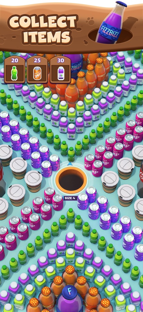 Hole Em All: Collect Master - Observe the precise collection mechanics as the black hole vacuums up specific target items, such as rows of vibrant soda bottles and colorful cans.