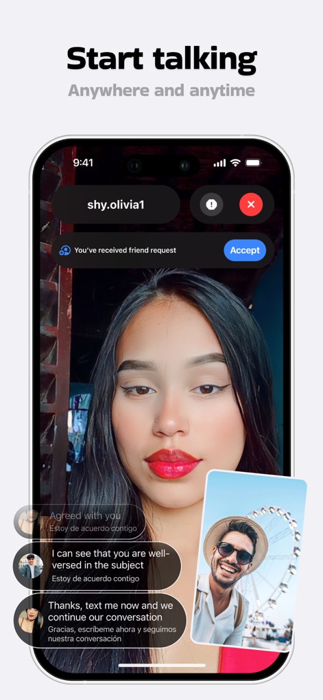 Aveola: 1-on-1 Live Video Chat - L'app supporta connessioni immediate, come dimostrato dalla notifica di richiesta d'amicizia (X) e dai sottotitoli con traduzione automatica (Y) che facilitano la comunicazione tra diverse lingue.