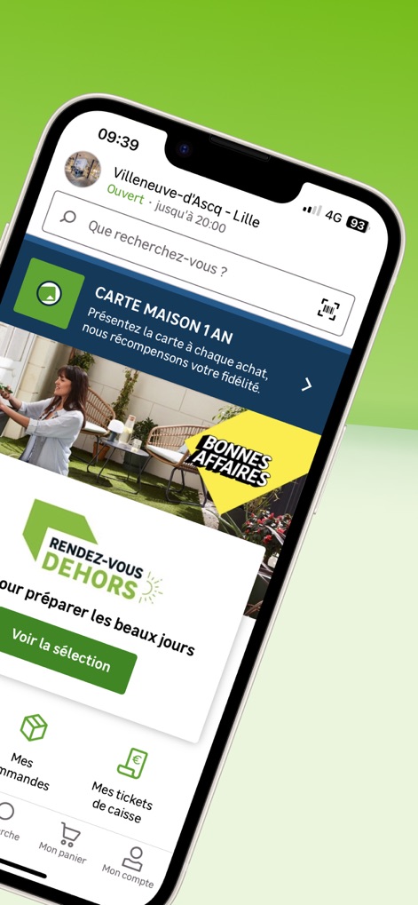 LEROY MERLIN - Nutzer finden sofort eine standortbezogene Geschäftsansicht mit Öffnungszeiten und können über ansprechende Banner wie "BONNES AFFAIRES" aktuelle Angebote durchsuchen.