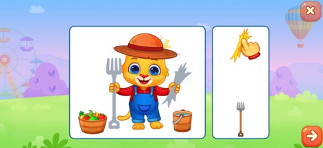 Kids Games: For Toddlers 3-5 - This activity encourages object recognition by having users match detailed items like a farmer's rake or a bundle of hay to their corresponding shadows or smaller images.