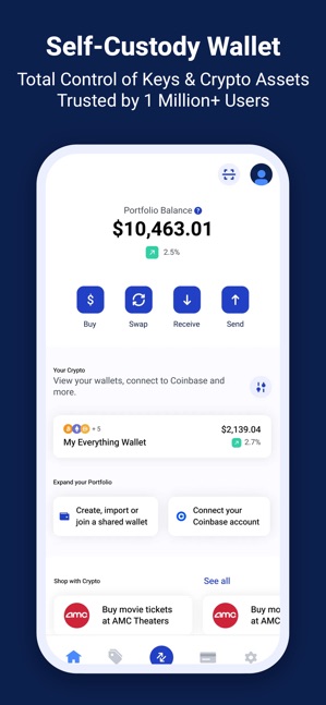 BitPay self-custody wallet dashboard showing a portfolio balance, buy, swap, receive, and send actions, and a connected