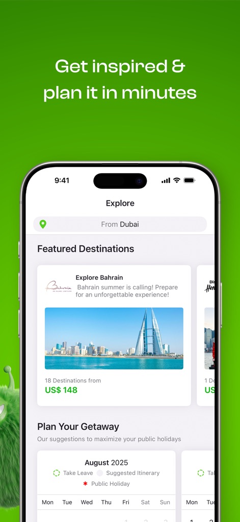 Wego Flights & Hotels Booking - In diesem Abschnitt finden sich inspirierende 'Featured Destinations' wie Bahrain mit einem ansprechenden Bild und praktische Vorschläge im Kalender, um öffentliche Feiertage optimal zu nutzen.