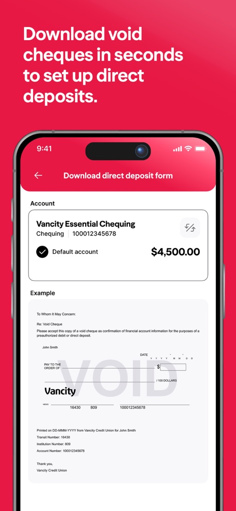 Vancity - Diese Ansicht ermöglicht den Download von Leerschecks, wobei das ausgewählte „Vancity Essential Chequing“-Konto und eine „Vorschau des Leerschecks“ für direkte Einzahlungen dargestellt werden.