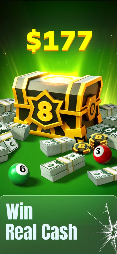 8 Ball Strike: Win Real Cash - Users can discover the substantial cash and coin rewards surrounding the treasure chest, highlighting the app's real cash prize opportunities.