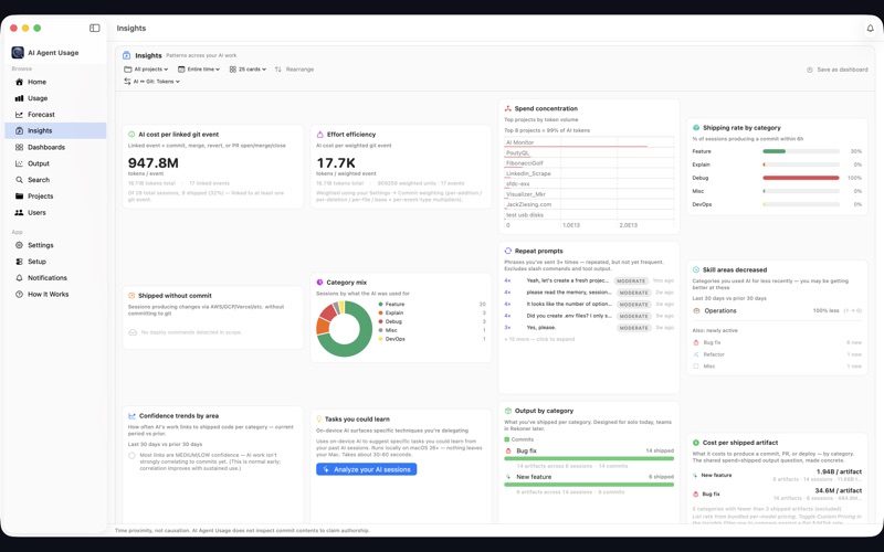 AI Agent Usage Insights tab: sessions categorized by type of work