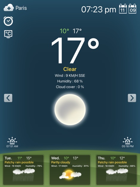 Weather for iPad! - Die App stellt die Temperatur präzise in Celsius dar und visualisiert klare Verhältnisse bei Nacht durch ein dezentes Mond-Icon vor einem dunklen Himmel.