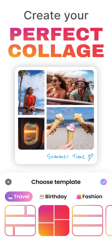 Photo Collage Maker・Pic Layout - La aplicación invita a los usuarios a crear collages perfectos con una interfaz intuitiva, destacando la selección de plantillas temáticas que incluyen “Travel” y “Birthday” para facilitar el inicio del proceso.