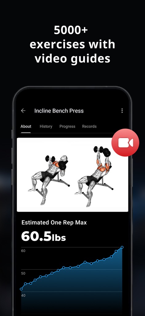 Lyfta: Gym Workout Tracker Log - The app provides crystal-clear HD video guides for exercises and tracks estimated One-Rep Max progress to optimize strength training.