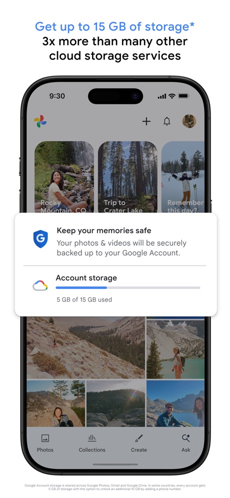 Google Photos: Backup & Edit App Store screenshot 1, headline “Get up to 15 GB of storage* 3x more than many other cloud storage services”. Uses a number.