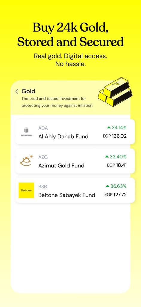 Thndr: Invest Your Money - Gli utenti possono esplorare le opzioni di investimento in oro, come il 'Al Ahly Dahab Fund', e monitorare i guadagni percentuali di ciascun fondo, inclusi esempi come il 34.14% di rendimento.