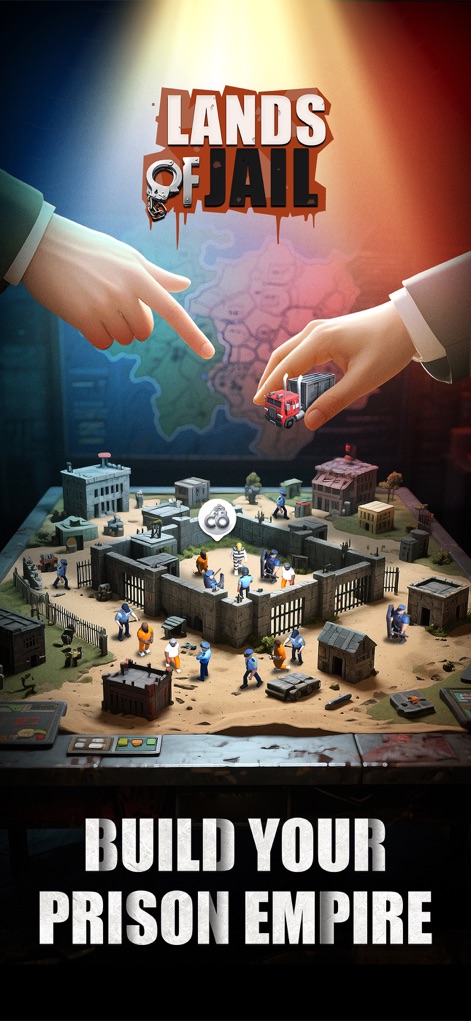 Lands of Jail - This app showcases the strategic tabletop model and the interactive hands that guide the initial construction of a prison empire.