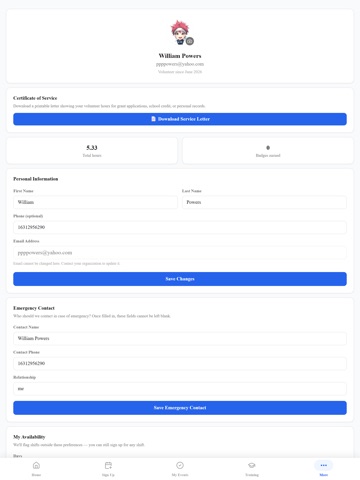 VF Volunteer Portal iPad screenshot