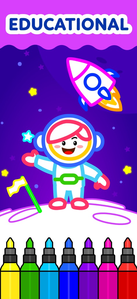 Coloring Games for Kids 2-6! - Die App integriert Lerninhalte durch bildungsbezogene Szenarien wie den Astronauten auf dem Mond, die mit interaktiven Malwerkzeugen fantasievoll gestaltet werden können.