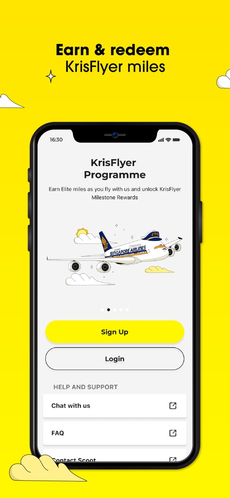 Scoot Mobile - The app clearly outlines the KrisFlyer Programme, offering direct "Sign Up" and "Login" options, alongside immediate support through "Chat with us" and "FAQ" links.