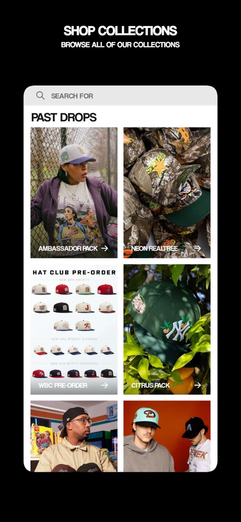 Hat Club - Users can easily navigate through distinct 'Past Drops' to revisit previous collections and explore diverse 'collection cards' such as the 'Ambassador Pack'.