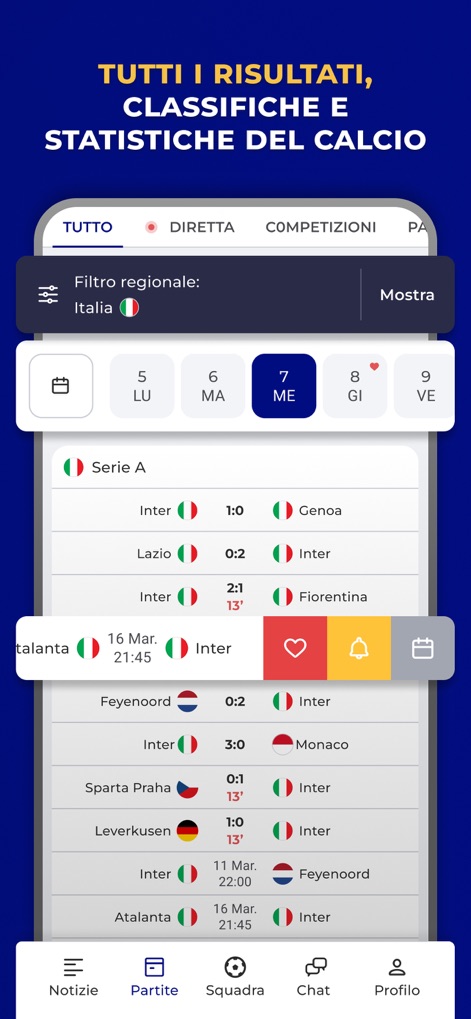 Inter Live - News & Matches - Dieser Screenshot zeigt eine vollständige Übersicht der Spielpläne und Ergebnisse, mit spezifischen Match-Daten wie 'Inter 1:0 Genoa' und einer prominent platzierten Filteroption für regionale Wettbewerbe.